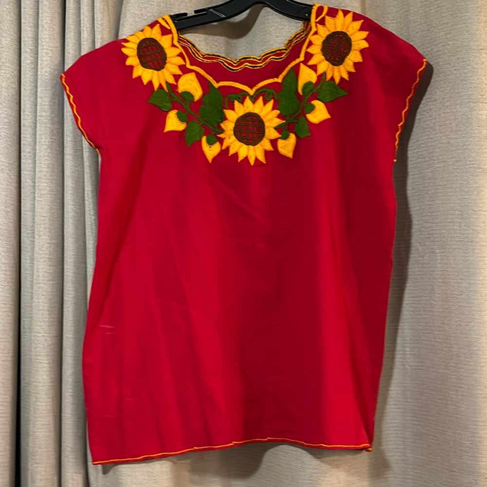 Hand embroidered red floral shirt from Mexico